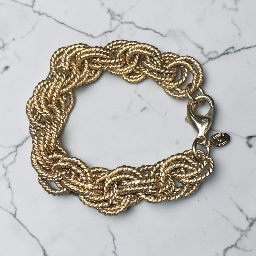 Vintage Erwin Pearl Chunky Gold Tone Multi-strand Rope Chain Bracelet.